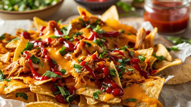 Vue rapprochée des nachos au poulet au barbecue