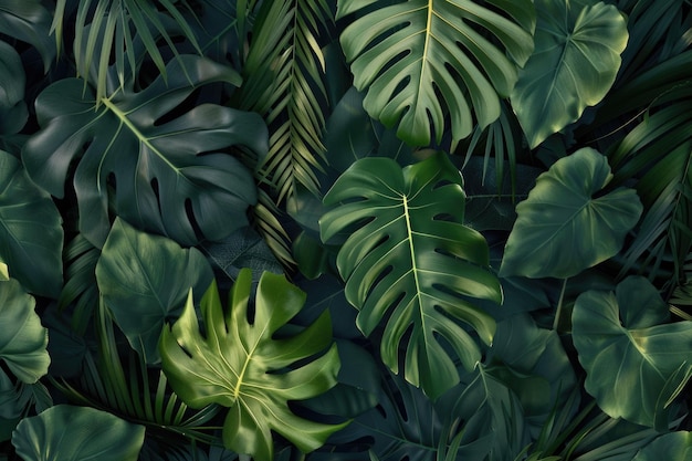 vue rapprochée de la nature avec des feuilles vertes et des palmiers en arrière-plan