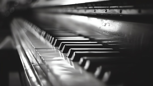 Vue rapprochée en noir et blanc des touches de piano avec un fond flou