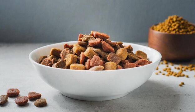 Photo vue rapprochée de la nourriture sèche pour animaux de compagnie dans un bol blanc nutrition et régime alimentaire des animaux meal délicieux pour chien