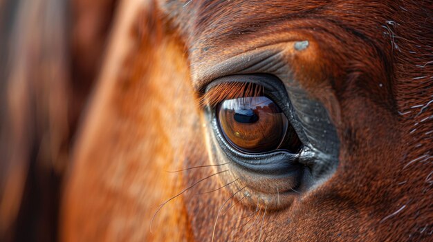 Photo vue rapprochée de l'œil du cheval avec des détails sur les cils et le regard réfléchissant