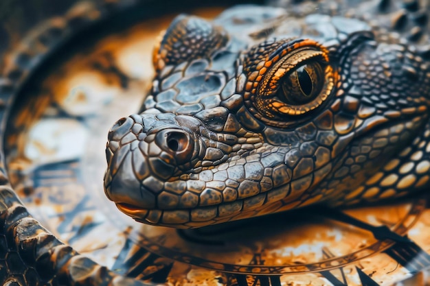 Vue rapprochée de l'œil et des écailles d'un jeune alligator dans leur habitat naturel avec des textures vives