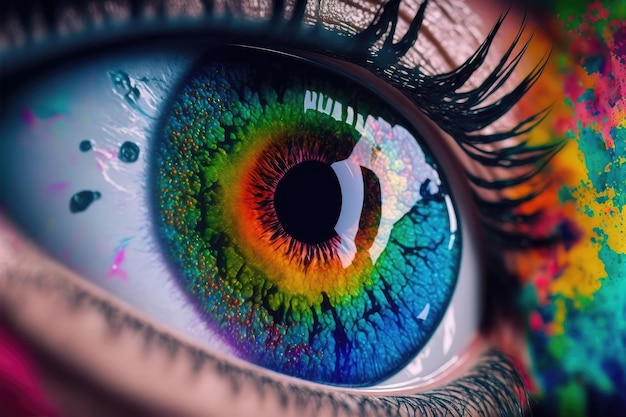 Vue rapprochée de l'œil féminin avec globe oculaire multicolore et poudre de maquillage colorée