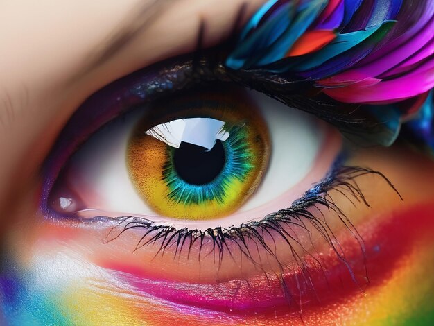 Vue rapprochée d'un œil de femme aux couleurs vives reflétant la créativité et la beauté