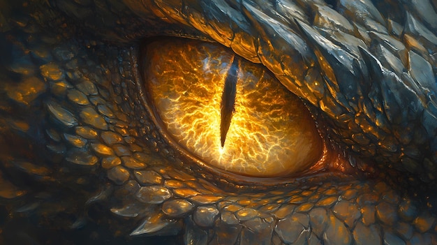 Vue rapprochée de l'œil de feu d'un dragon