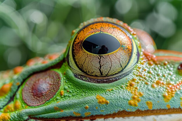 Vue rapprochée d'un œil de grenouille d'arbre coloré au milieu d'une verdure luxuriante reflétant la complexité et la sauvagerie de la nature