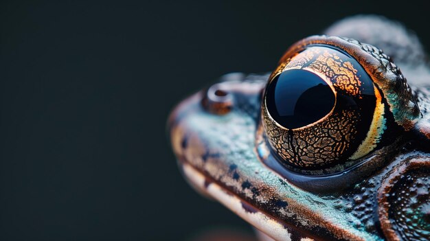 Vue rapprochée d'un œil de grenouille coloré et d'une peau texturée sur un fond sombre