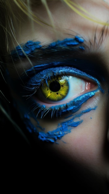 Vue rapprochée de l'œil d'une personne avec de la peinture bleue