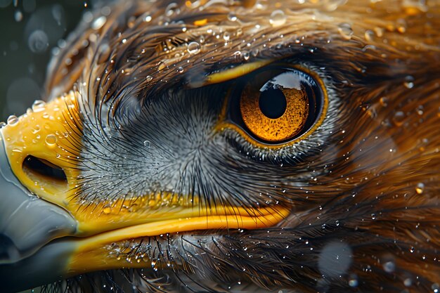 Vue rapprochée d'un oiseau de proie avec des gouttes d'eau IA générative