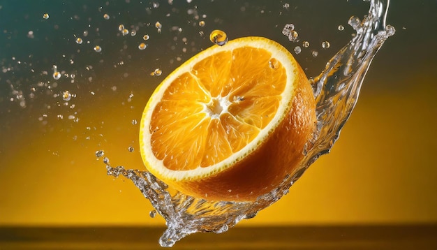 Vue rapprochée d'une orange fraîche en lévitation avec des éclaboussures d'eau Nourriture savoureuse et saine Fruits biologiques