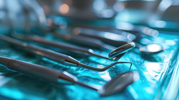 Photo vue rapprochée des outils dentaires sur un plateau bleu