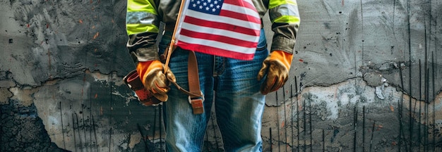 Photo vue rapprochée d'un ouvrier de la construction tenant un drapeau américain