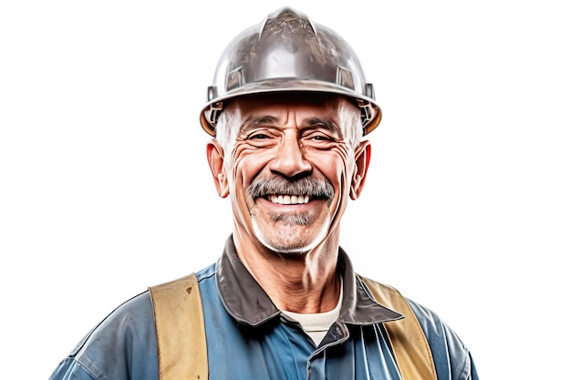 Vue rapprochée d'un ouvrier producteur d'huile souriant dans un fond blanc isolé uniforme