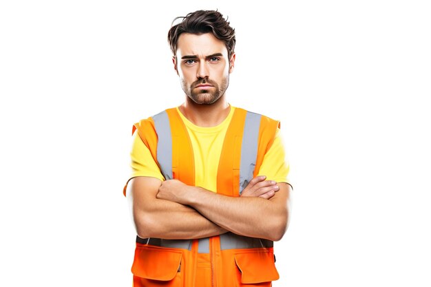 Vue rapprochée d'un ouvrier routier masculin sévère en uniforme, casque, vêtements spéciaux, fond blanc isolé