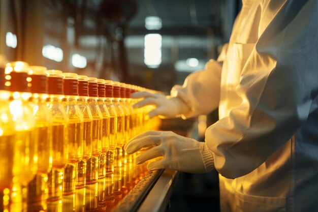 Photo vue rapprochée d'un ouvrier d'usine en manteau blanc tenant une bouteille d'huile près du convoyeur