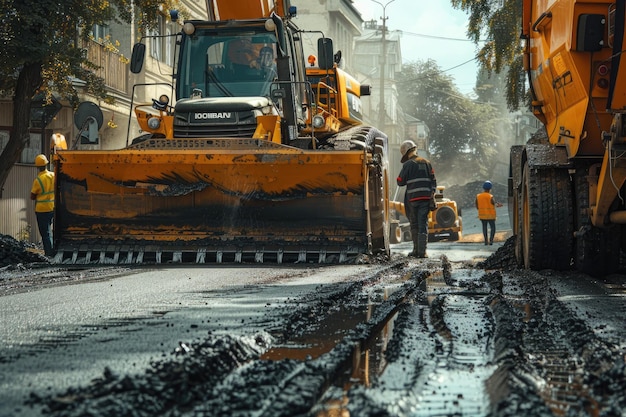 Vue rapprochée des ouvriers et des machines d'asphaltation