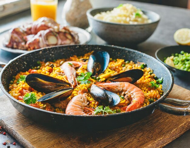 Photo vue rapprochée d'une paella espagnole traditionnelle dans une casserole sur une table de cuisine avec de la mer prête à manger