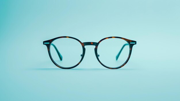 Vue rapprochée d'une paire de lunettes en plastique brun encadré sur un fond bleu pâle