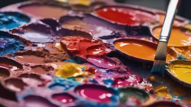 Vue rapprochée de la palette d'artistes avec des peintures brillantes mélangées en arrière-plan