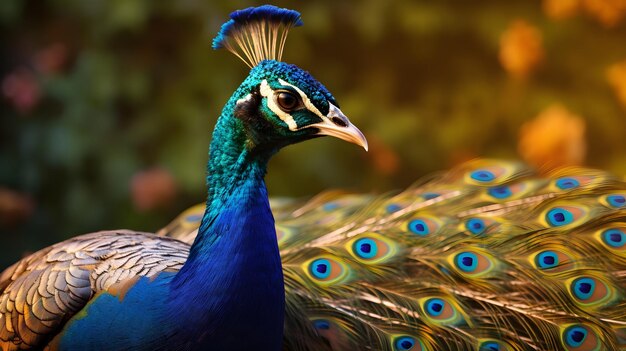 Vue rapprochée d'un paon vibrant dans la lumière de l'heure dorée