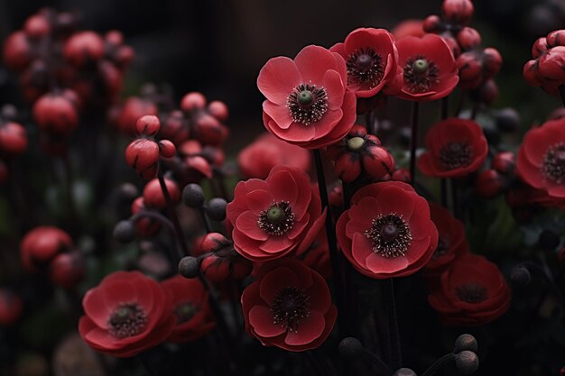 Vue rapprochée des parterres de fleurs en fleurs d'une couleur rouge étonnante sur une humeur sombre