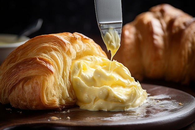 Vue rapprochée de la pâte de croissant en train d'être roulée