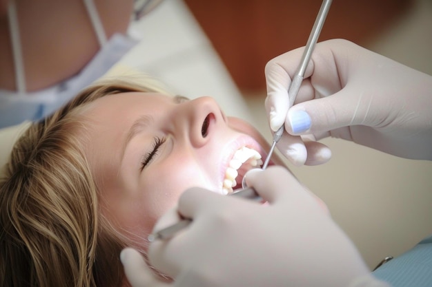 Vue rapprochée d'une patiente souriante recevant un examen dentaire avec des outils utilisés