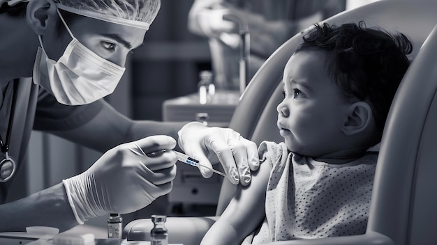 Photo vue rapprochée d'un pédiatre préparant un vaccin pour un enfant dans une clinique médicale