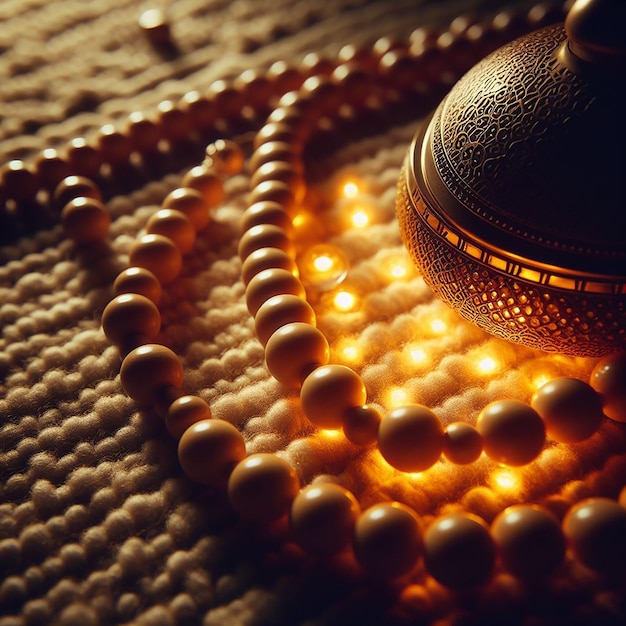 Vue rapprochée de perles de prière brillantes sur tapis texturé avec une lumière douce pour un espace de prière chaud