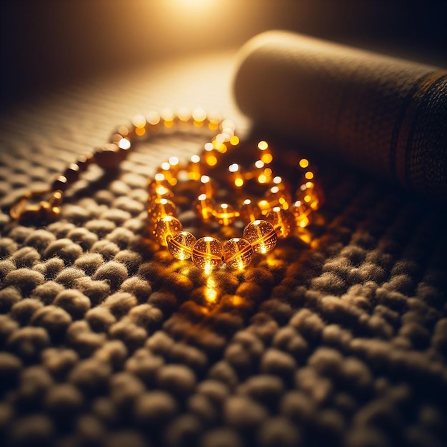 Vue rapprochée de perles de prière brillantes sur tapis texturé avec une lumière douce pour un espace de prière chaud