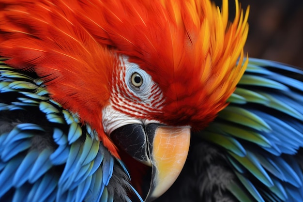 Vue rapprochée d'un perroquet qui s'améliore ses plumes colorées