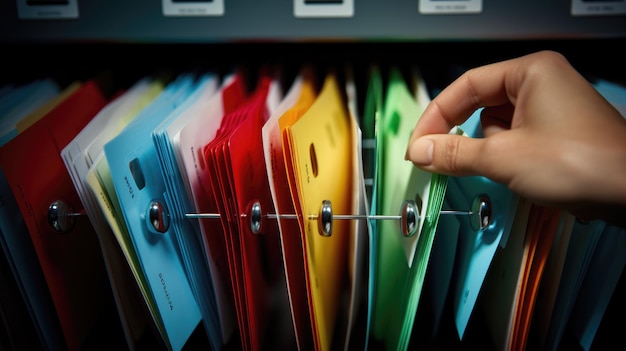 Vue rapprochée d'une personne en costume d'affaires fouillant dans des tiroirs ouverts pleins de documents