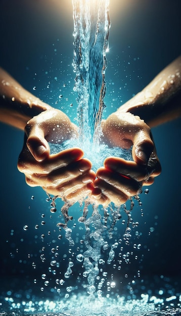 Photo vue rapprochée d'une personne avec les mains ouvertes et de l'eau claire qui tombe sur elle