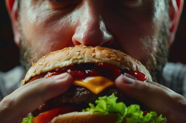 Photo vue rapprochée d'une personne mangeant un hamburger adapté aux blogs gastronomiques ou aux promotions de restaurants