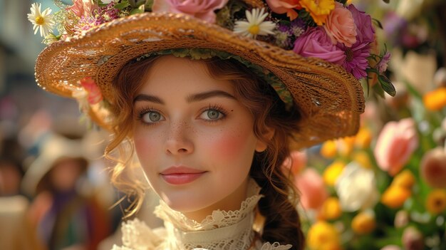 Photo vue rapprochée d'une personne portant un chapeau orné de fleurs