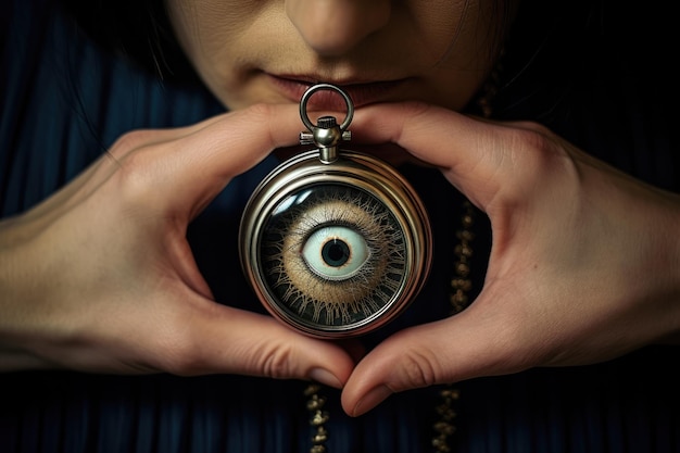 Photo vue rapprochée d'une personne tenant une montre de poche vintage le symbolisme de l'hypnose jour d'hypnotisme