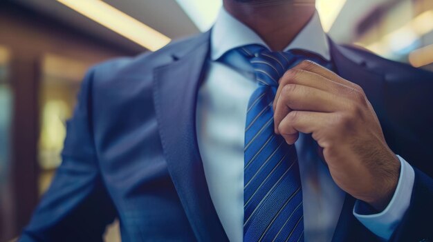 Photo vue rapprochée d'une personne travaillant comme homme d'affaires et ajustant une cravate