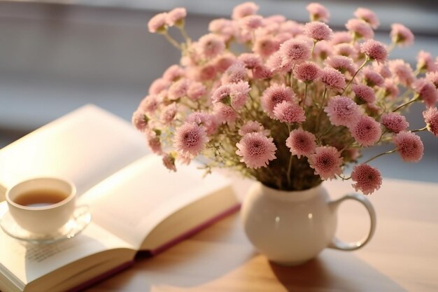 Vue rapprochée d'un petit bouquet de fleurs roses dans un vase en verre avec un fond rose doux et flou.