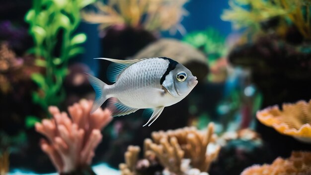 Vue rapprochée d'un petit poisson argenté et gris dans l'aquarium