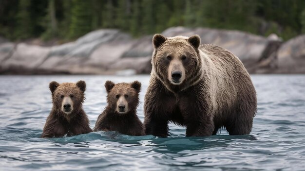 Vue rapprochée des petits grizzlis et des ours dans la baie des ours de Knight au Canada à la lumière du jour