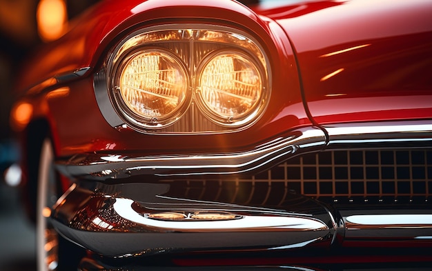 Vue rapprochée des phares d'une voiture vintage rouge