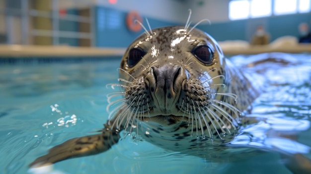 Vue rapprochée d'un phoque sauvé dans une piscine de réhabilitation avec une équipe de bénévoles dévoués fournissant