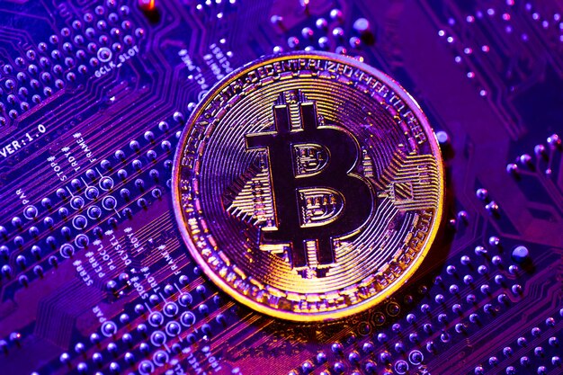 Vue rapprochée de la pièce Bitcoin sur le concept de financement des circuits imprimés
