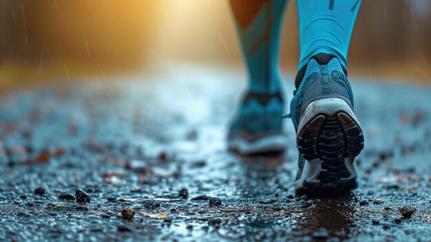 Vue rapprochée des pieds des coureurs sur une route mouillée