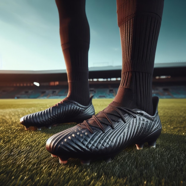 Vue rapprochée des pieds d'un joueur de football en chaussures noires sur un terrain vert vibrant dans un stade