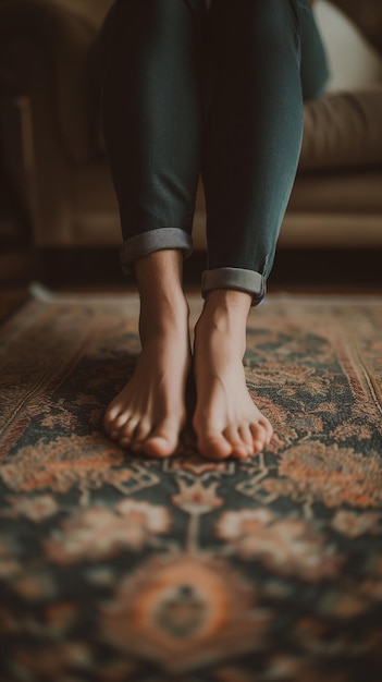 Vue rapprochée pieds nus femme tapis à motifs relaxation plaisir simple à la maison