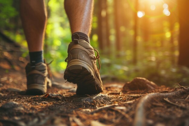 Vue rapprochée des pieds d'un randonneur marchant à l'extérieur dans la forêt AI générative