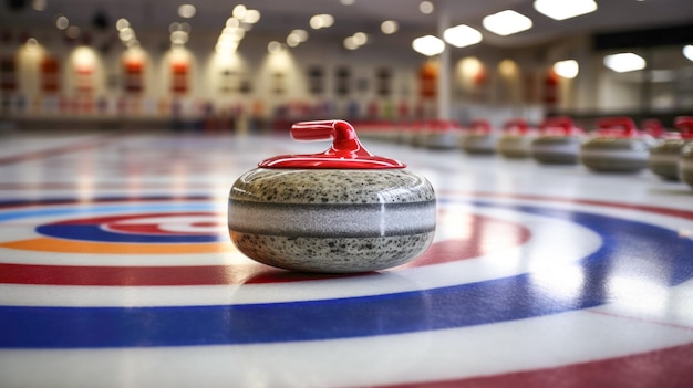 Vue rapprochée d'une pierre de curling glissant sur une surface glacée