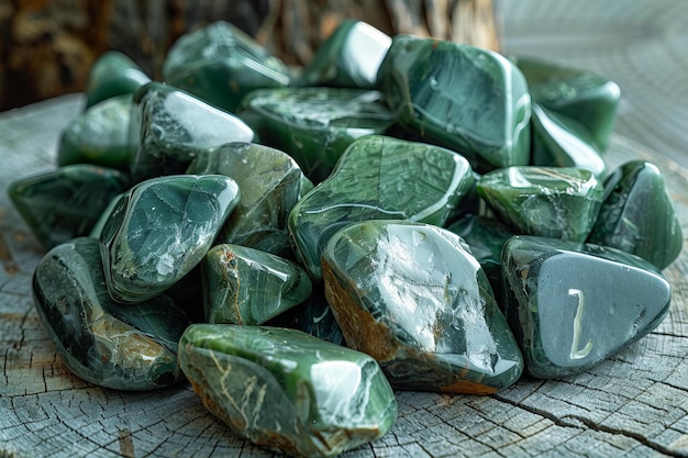 Photo vue rapprochée de pierres précieuses vertes polies avec la lettre l gravée