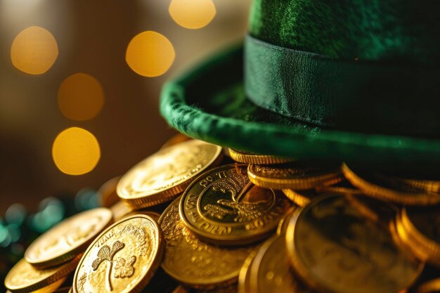 Vue rapprochée de la pile de pièces d'or pur avec chapeau vert St Patricks Day